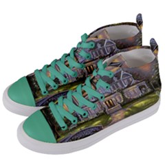 Landscape House River Bridge Swans Art Background Women s Mid-top Canvas Sneakers by Sapixe