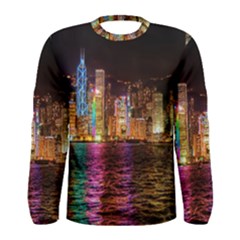 Light Water Cityscapes Night Multicolor Hong Kong Nightlights Men s Long Sleeve Tee by Sapixe