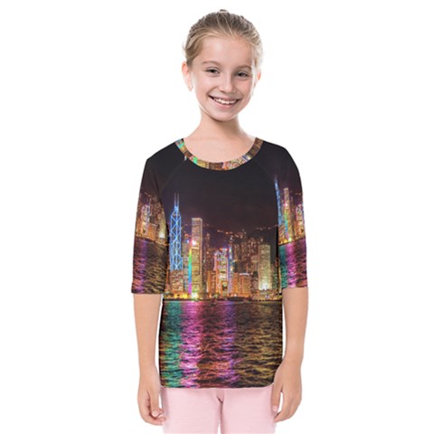 Light Water Cityscapes Night Multicolor Hong Kong Nightlights Kids  Quarter Sleeve Raglan Tee by Sapixe