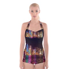 Light Water Cityscapes Night Multicolor Hong Kong Nightlights Boyleg Halter Swimsuit  by Sapixe