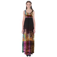 Light Water Cityscapes Night Multicolor Hong Kong Nightlights Empire Waist Maxi Dress by Sapixe