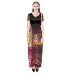 Light Water Cityscapes Night Multicolor Hong Kong Nightlights Short Sleeve Maxi Dress by Sapixe