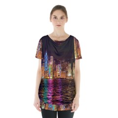 Light Water Cityscapes Night Multicolor Hong Kong Nightlights Skirt Hem Sports Top by Sapixe