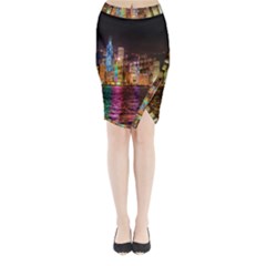 Light Water Cityscapes Night Multicolor Hong Kong Nightlights Midi Wrap Pencil Skirt by Sapixe