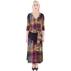 Light Water Cityscapes Night Multicolor Hong Kong Nightlights Quarter Sleeve Wrap Maxi Dress by Sapixe