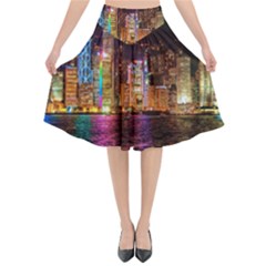 Light Water Cityscapes Night Multicolor Hong Kong Nightlights Flared Midi Skirt by Sapixe