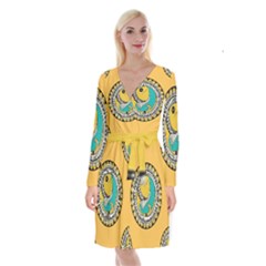 Madhubani Fish Indian Ethnic Pattern Long Sleeve Velvet Front Wrap Dress by Sapixe