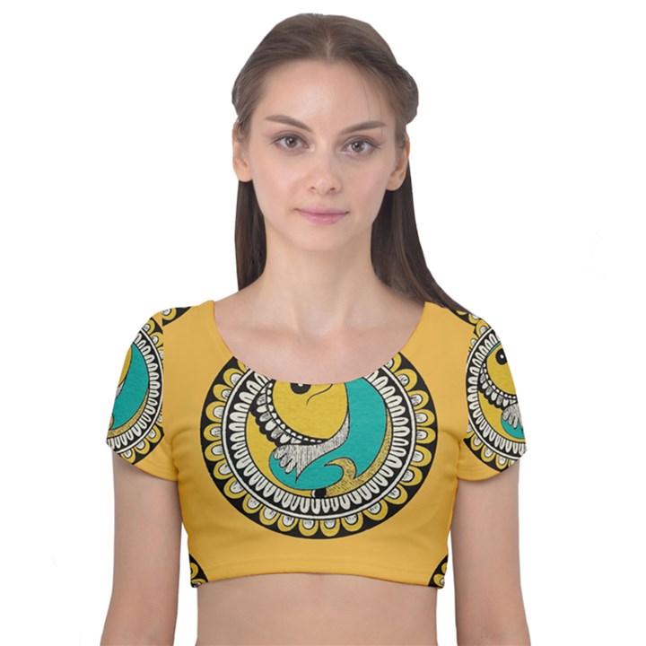 Madhubani Fish Indian Ethnic Pattern Velvet Short Sleeve Crop Top 