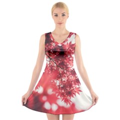 Maple Leaves Red Autumn Fall V-neck Sleeveless Skater Dress by Sapixe