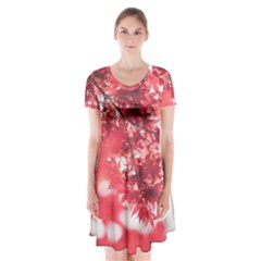 Maple Leaves Red Autumn Fall Short Sleeve V-neck Flare Dress by Sapixe