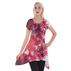 Maple Leaves Red Autumn Fall Short Sleeve Side Drop Tunic by Sapixe