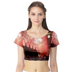 London Celebration New Years Eve Big Ben Clock Fireworks Short Sleeve Crop Top by Sapixe