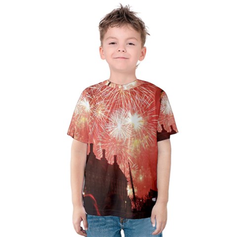 London Celebration New Years Eve Big Ben Clock Fireworks Kids  Cotton Tee by Sapixe