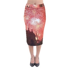 London Celebration New Years Eve Big Ben Clock Fireworks Velvet Midi Pencil Skirt by Sapixe