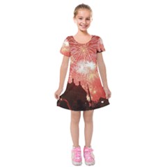 London Celebration New Years Eve Big Ben Clock Fireworks Kids  Short Sleeve Velvet Dress by Sapixe