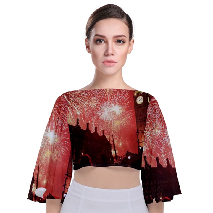 London Celebration New Years Eve Big Ben Clock Fireworks Tie Back Butterfly Sleeve Chiffon Top