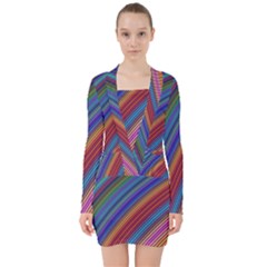 Multicolored Stripe Curve Striped V-neck Bodycon Long Sleeve Dress by Sapixe