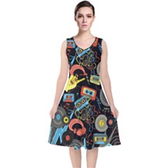 Music Pattern V-neck Midi Sleeveless Dress  by Sapixe