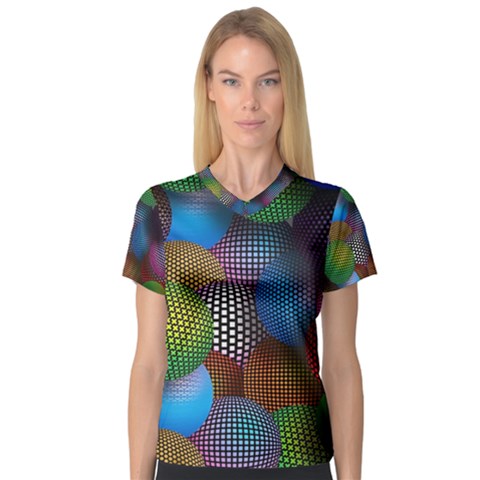 Multicolored Patterned Spheres 3d V-neck Sport Mesh Tee by Sapixe