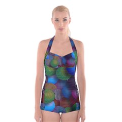 Multicolored Patterned Spheres 3d Boyleg Halter Swimsuit  by Sapixe