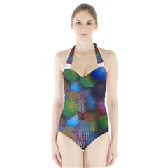 Multicolored Patterned Spheres 3d Halter Swimsuit by Sapixe