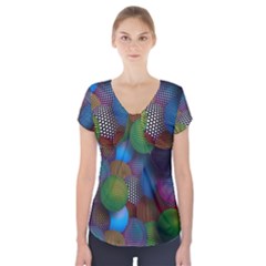 Multicolored Patterned Spheres 3d Short Sleeve Front Detail Top by Sapixe