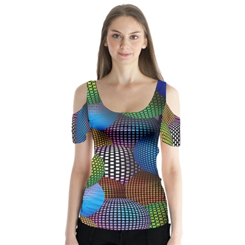 Multicolored Patterned Spheres 3d Butterfly Sleeve Cutout Tee  by Sapixe