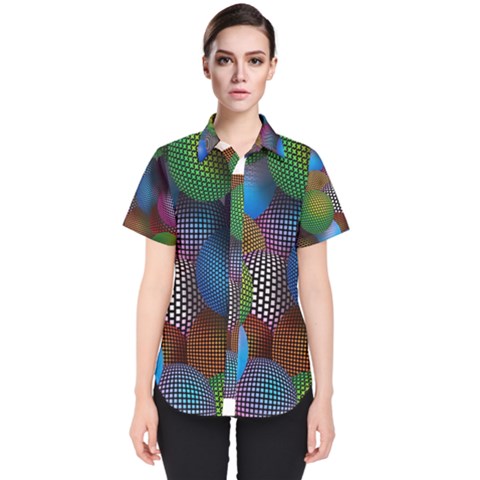 Multicolored Patterned Spheres 3d Women s Short Sleeve Shirt by Sapixe