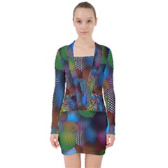 Multicolored Patterned Spheres 3d V-neck Bodycon Long Sleeve Dress by Sapixe