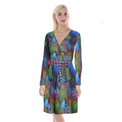 Multicolored Patterned Spheres 3d Long Sleeve Velvet Front Wrap Dress by Sapixe