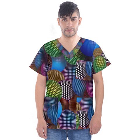 Multicolored Patterned Spheres 3d Men s V-neck Scrub Top by Sapixe