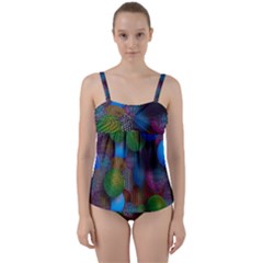 Multicolored Patterned Spheres 3d Twist Front Tankini Set by Sapixe