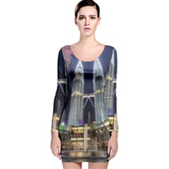 New Years Eve Petronas Towers Kuala Lumpur Malaysia Long Sleeve Velvet Bodycon Dress by Sapixe