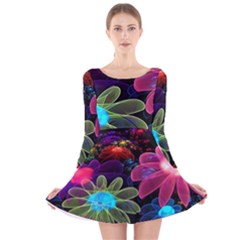 Nice 3d Flower Long Sleeve Velvet Skater Dress by Sapixe