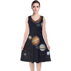 Outer Space Planets Solar System V-neck Midi Sleeveless Dress  by Sapixe