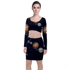 Outer Space Planets Solar System Long Sleeve Crop Top & Bodycon Skirt Set by Sapixe