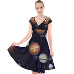 Outer Space Planets Solar System Cap Sleeve Front Wrap Midi Dress by Sapixe