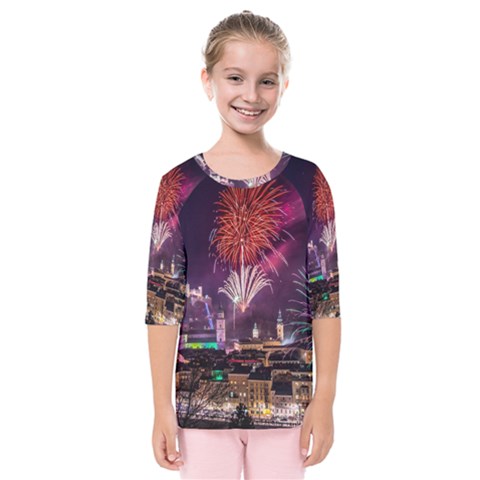 New Year New Year’s Eve In Salzburg Austria Holiday Celebration Fireworks Kids  Quarter Sleeve Raglan Tee by Sapixe