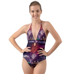 New Year New Year’s Eve In Salzburg Austria Holiday Celebration Fireworks Halter Cut-out One Piece Swimsuit by Sapixe