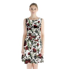 Red Roses Sleeveless Waist Tie Chiffon Dress