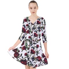 Red Roses Quarter Sleeve Front Wrap Dress