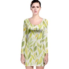 Green Leaves Nature Patter Long Sleeve Velvet Bodycon Dress