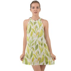 Green Leaves Nature Patter Halter Tie Back Chiffon Dress