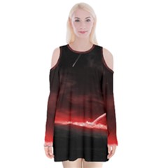 Outer Space Red Stars Star Velvet Long Sleeve Shoulder Cutout Dress by Sapixe