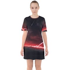 Outer Space Red Stars Star Sixties Short Sleeve Mini Dress by Sapixe