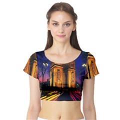 Paris Cityscapes Lights Multicolor France Short Sleeve Crop Top by Sapixe