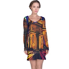 Paris Cityscapes Lights Multicolor France Long Sleeve Nightdress by Sapixe