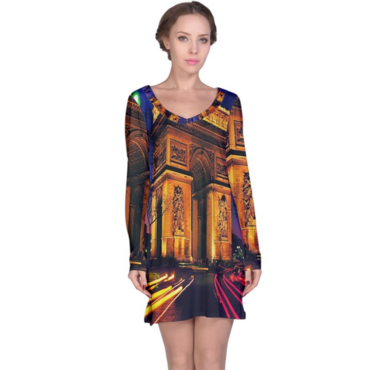 Paris Cityscapes Lights Multicolor France Long Sleeve Nightdress