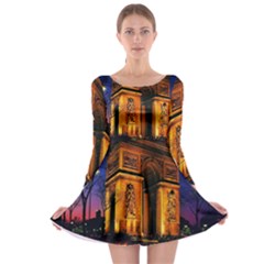 Paris Cityscapes Lights Multicolor France Long Sleeve Skater Dress by Sapixe