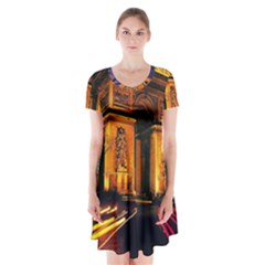 Paris Cityscapes Lights Multicolor France Short Sleeve V-neck Flare Dress by Sapixe